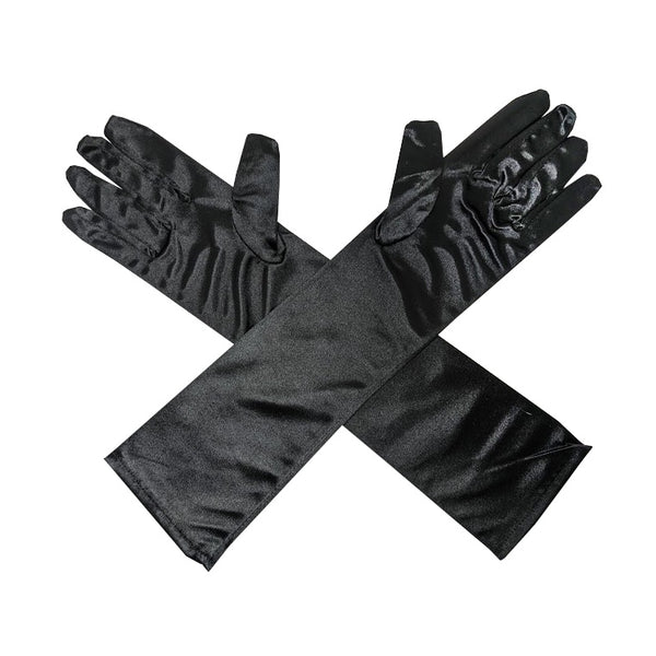 LONG SATIN BLACK GLOVES, 38 CM IN POLYBAG W/HEADER CARD
